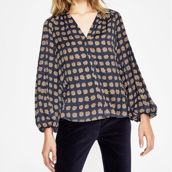 Boden Harriet Printed Bishop Sleeve Matte Satin Blouse Sz2 - Picture 2 of 9